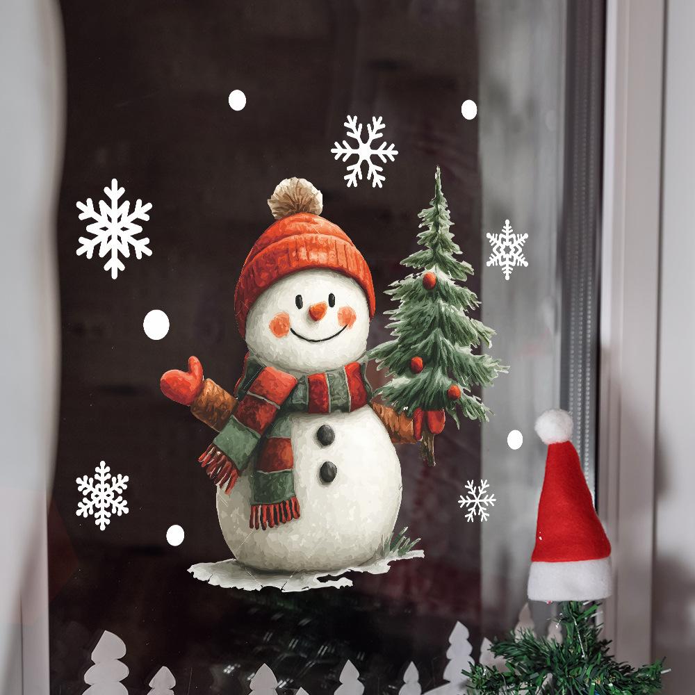 Cartoon Snowman and Christmas Tree Home Glass Window Beautification Stickers
