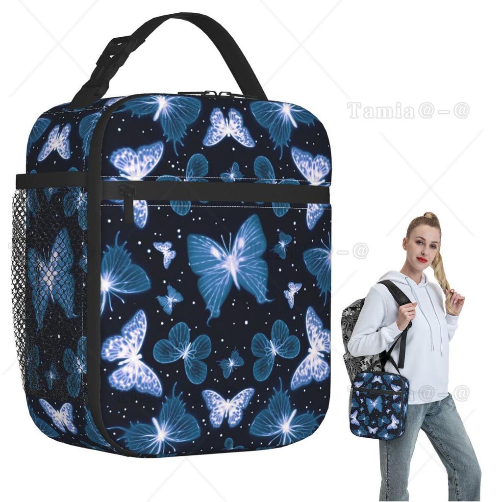 Blue Butterfly Pattern Insulated Lunch Bag for Women Children Portable Food Boxes Thermal Lunch Box Tote