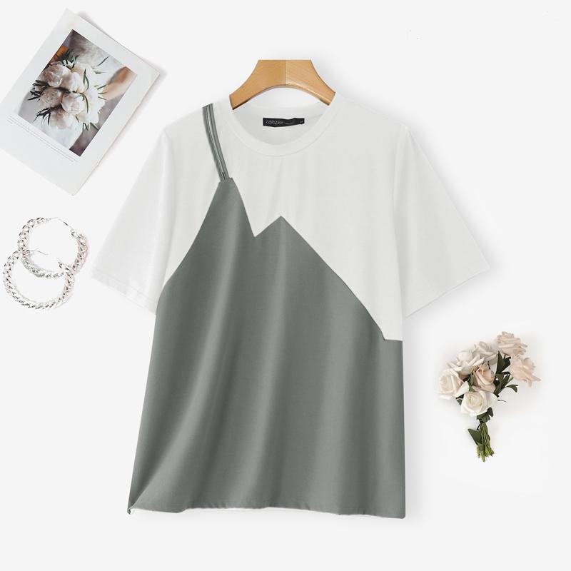 

ZANZEA Женские повседневные футболки с коротким рукавом, пэчворк, имитация двух частей XL серый