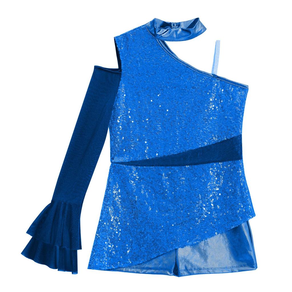 Mädchen Peplum Turnanzug Tanzkostüm Asymmetrisches Kalt-Schulter-Design mit transparenten Mesh-Rüschenärmeln Body
