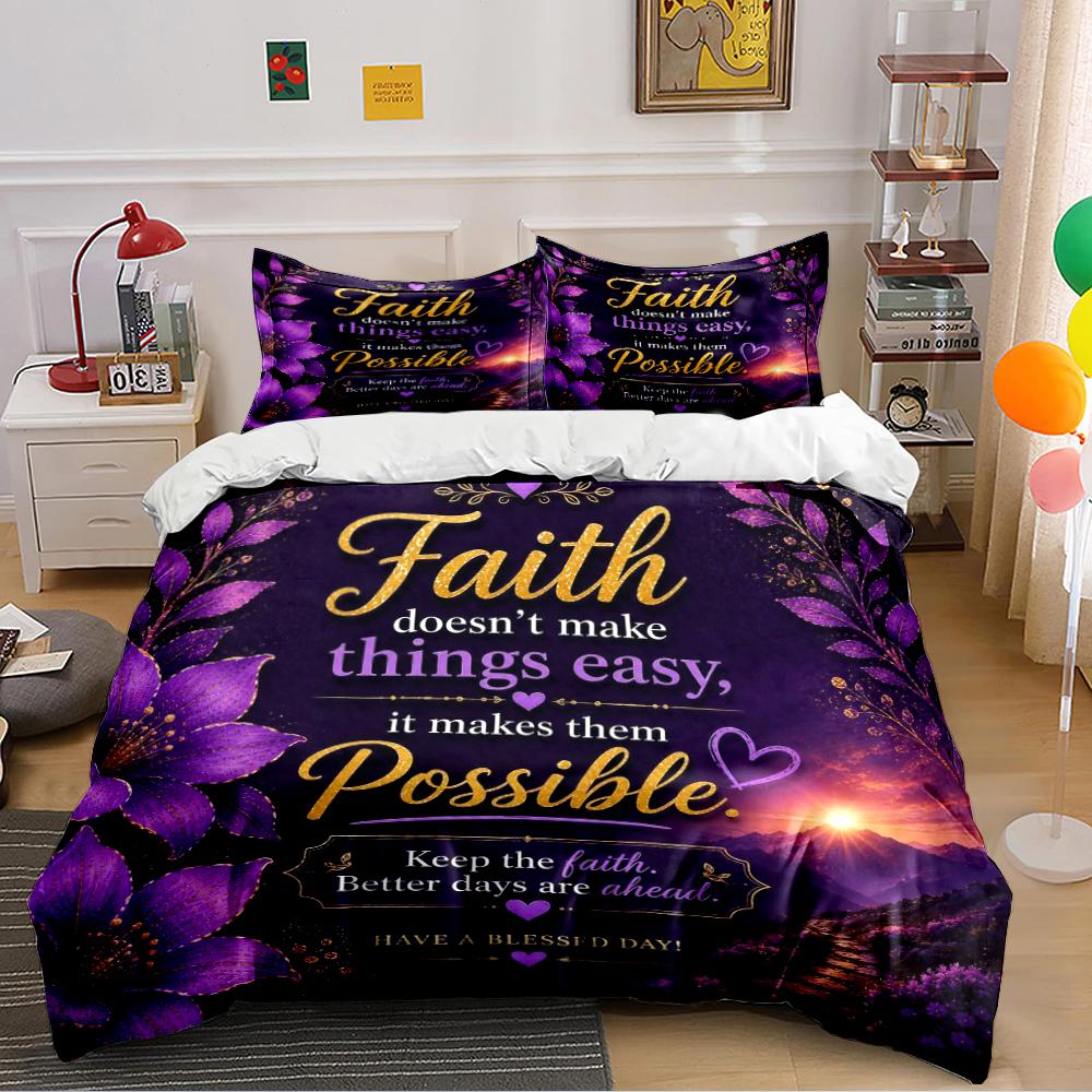 Faith-Inspired Purple Floral Bedding Set Bedding set (1 duvet cover, 2 pillowcases, duvet not included)
