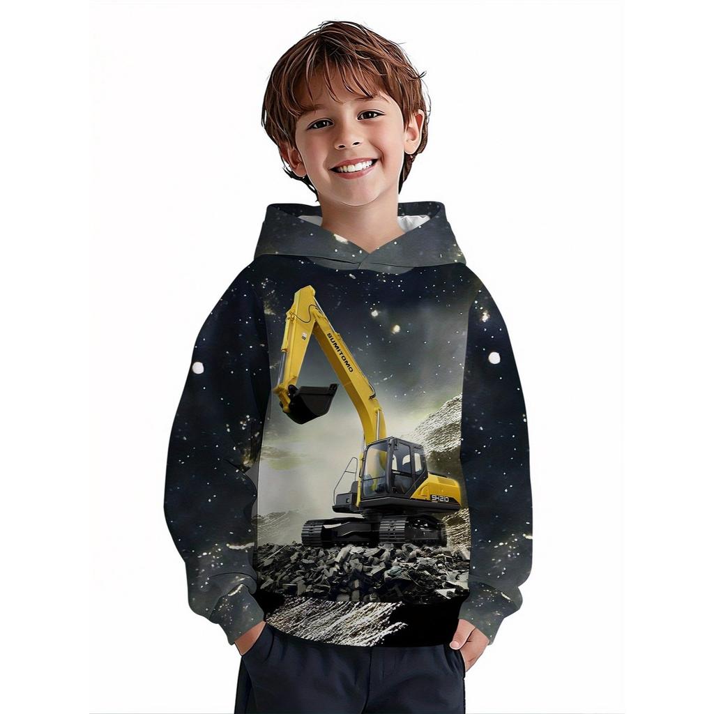 3D Digital Printing Engineering Style Yellow Excavator Pattern Hooded Sweatshirt Fashion Trend Casual Children's Clothing, Perfect Gift