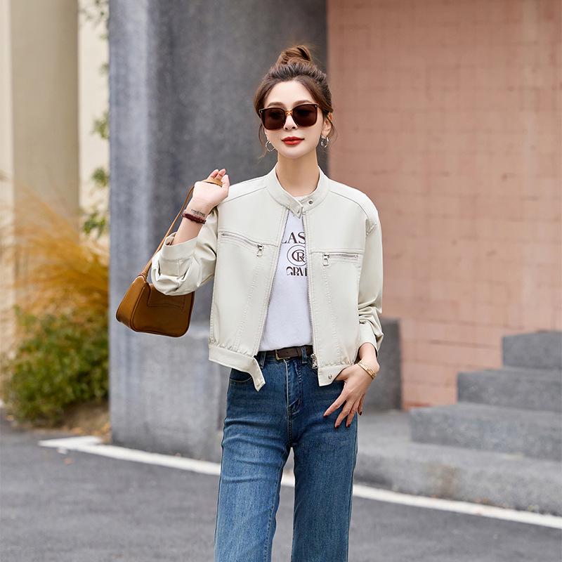 

Women s Retro PU Leather Motorcycle Jacket - Spring/Autumn 2025, Loose Casual Design, Style Z8802 M (90-110 jin) бежевий