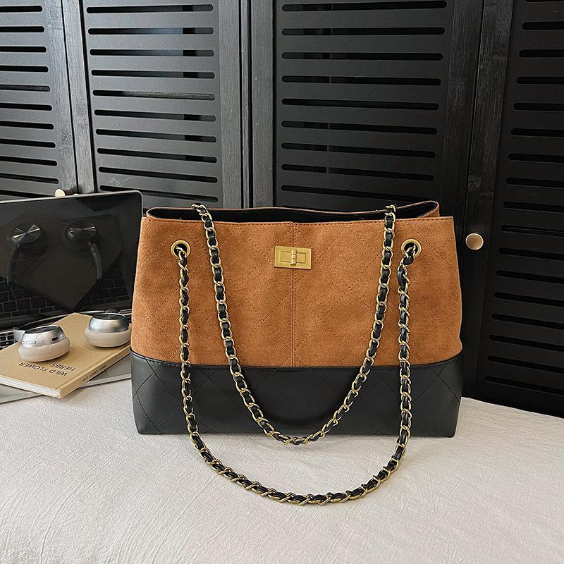 Women's Luxury Argyle Chain Underarm Tote Bag - Mielard Color Block, Large Capacity, Commute Style.