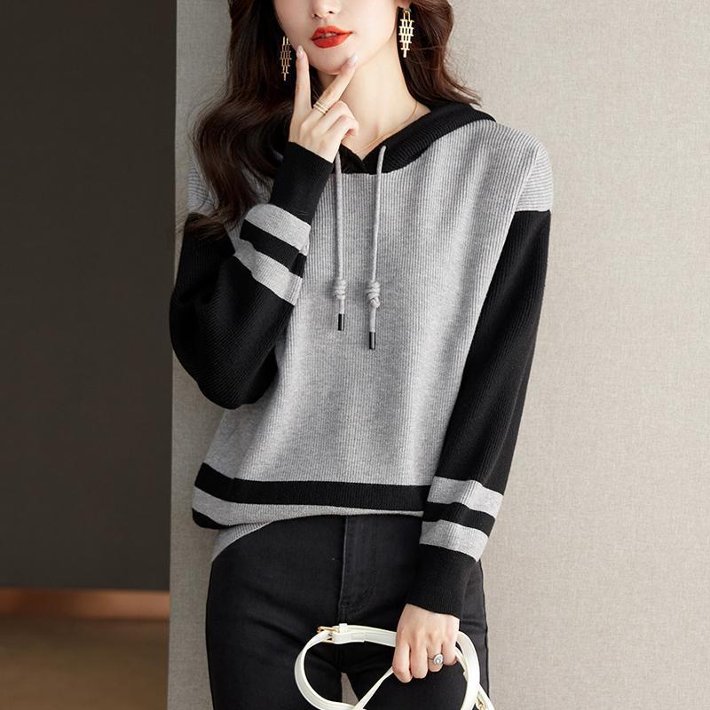 Autumn Winter Fashion Patchwork Long Sleeve Hoodies Pullovers Women's Knitting Blocking Trend Chic All-match Tops
