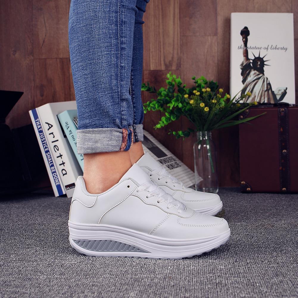 Fashion PU Leather Women's Platform Shoes Non-slip Rocker Shoes Walking Running Sports Shoes Wedge Heels