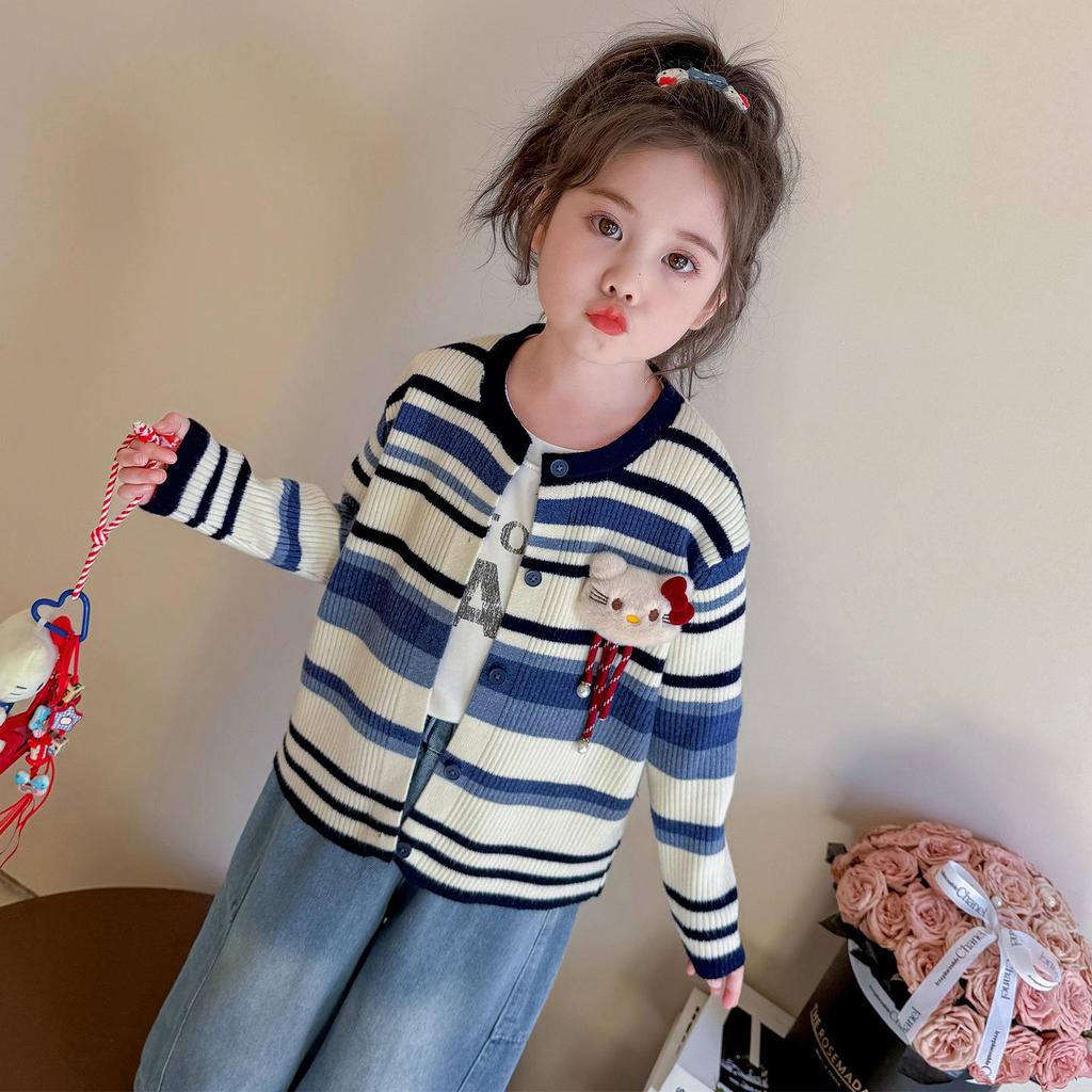 Herbst 2025 Mädchen Strickjacke mit Streifen - Stilvoller Pullover für kleine bis mittlere Kinder