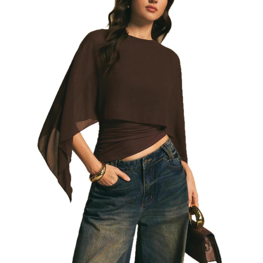 2026 Summer Women's Elegant Irregular Chiffon T-Shirt with Cape Sleeves and Round Neck
