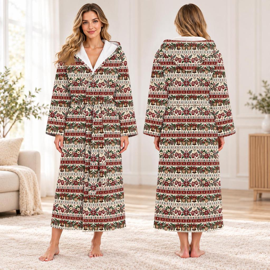 Unisex Long Christmas Print Flannel Bathrobe, Absorbent Quick-Dry Sleep Robe for Men and Women