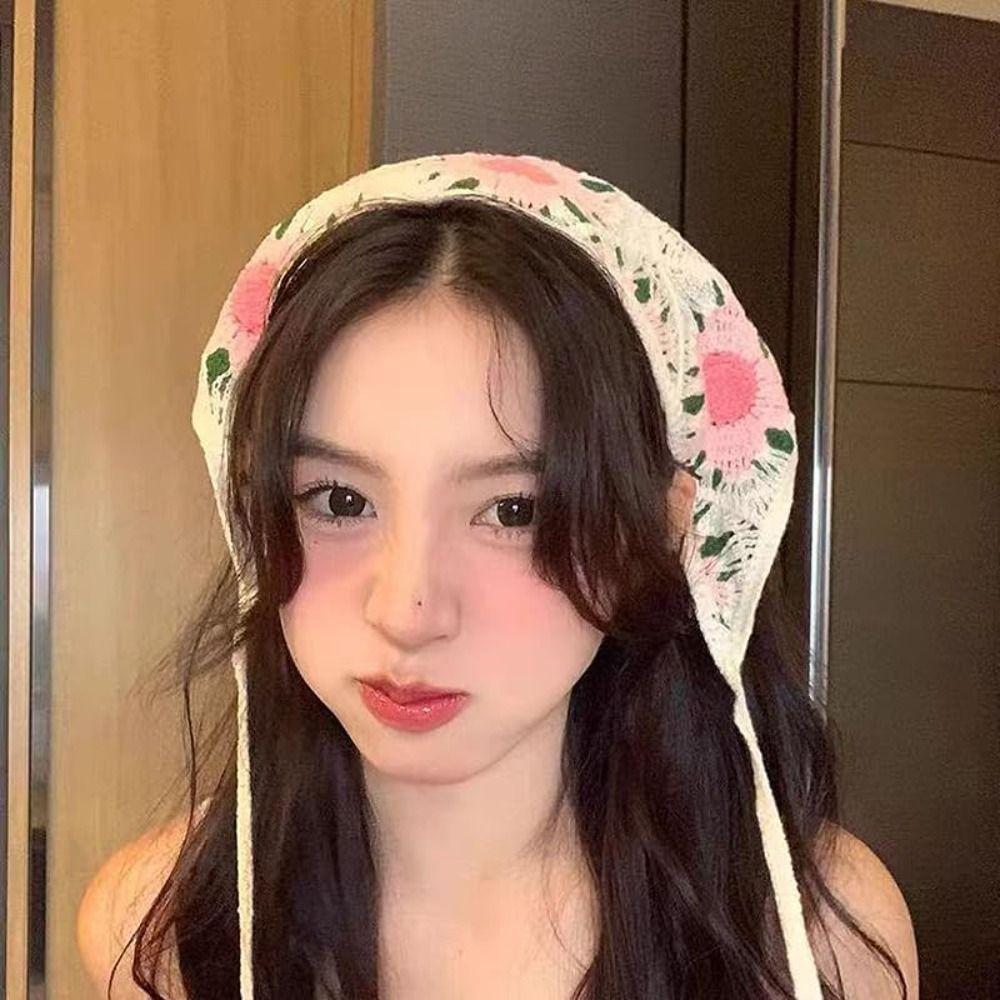 Flower Triangular HairScarf Knitted Small Square Scarf Ins Women's Headscarf  for Autumn