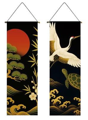 Next.design Tapestry Hanging Scroll Set of 2: Cranes, Mount Fuji, Sunrise, Turtles, Pine, Bamboo, and Plum Blossoms - Auspicious Patterns, Landscapes,