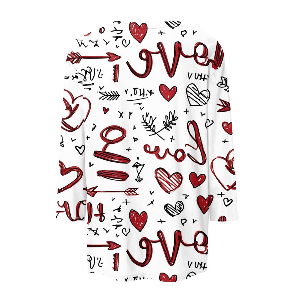 Women's Fashionable Casual Three,quarter Sleeve Heart,shaped Printed Round,neck Top