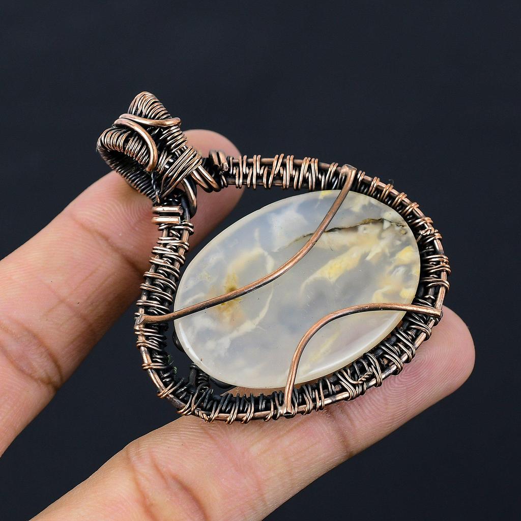 Tiger Dendrite Gemstone Pure Copper Wire Wrapped Handmade Pendant Jewelry