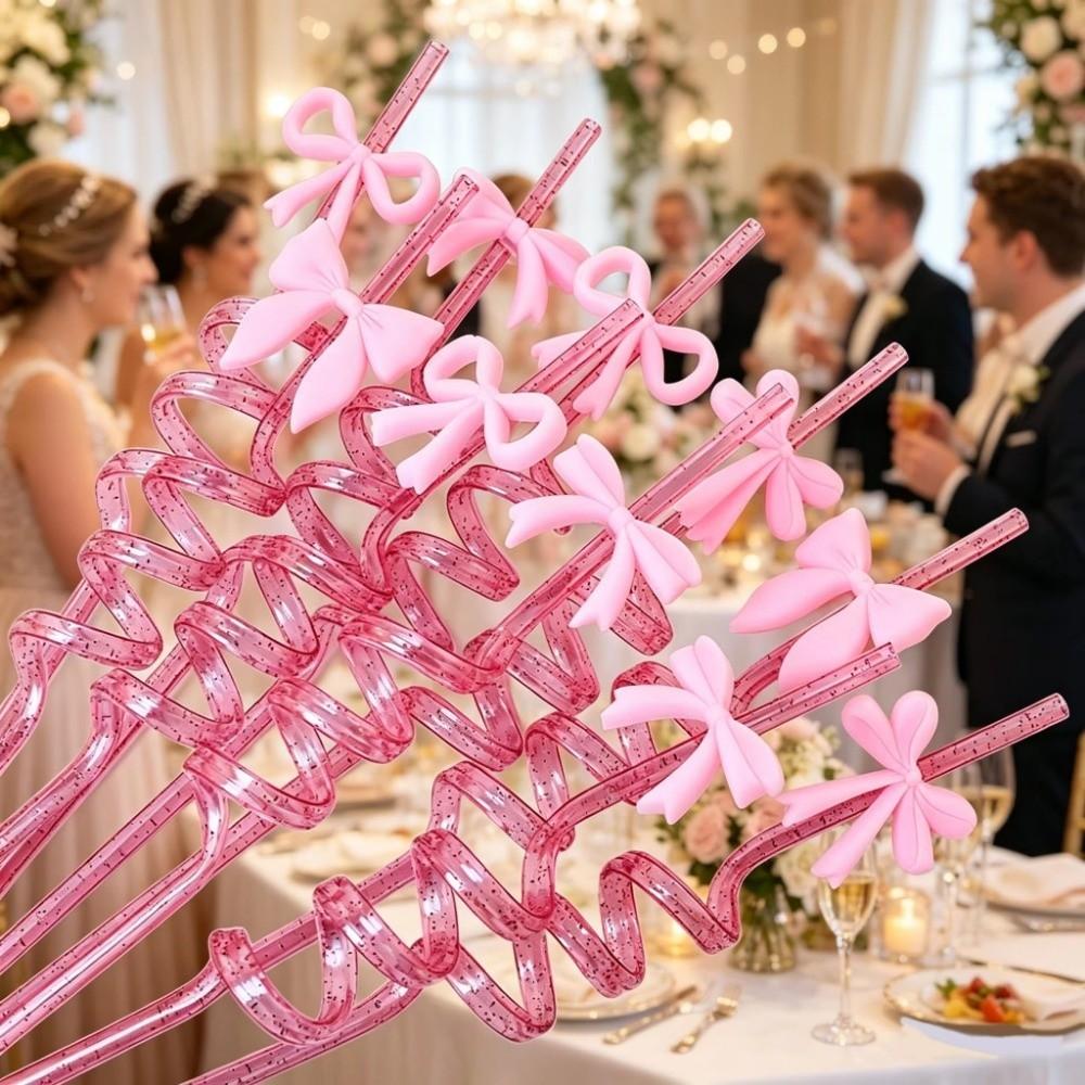 8pcs Colorful Sparkle Pink Bow Straws Durable Material Sparkle Straws Birthday Parties