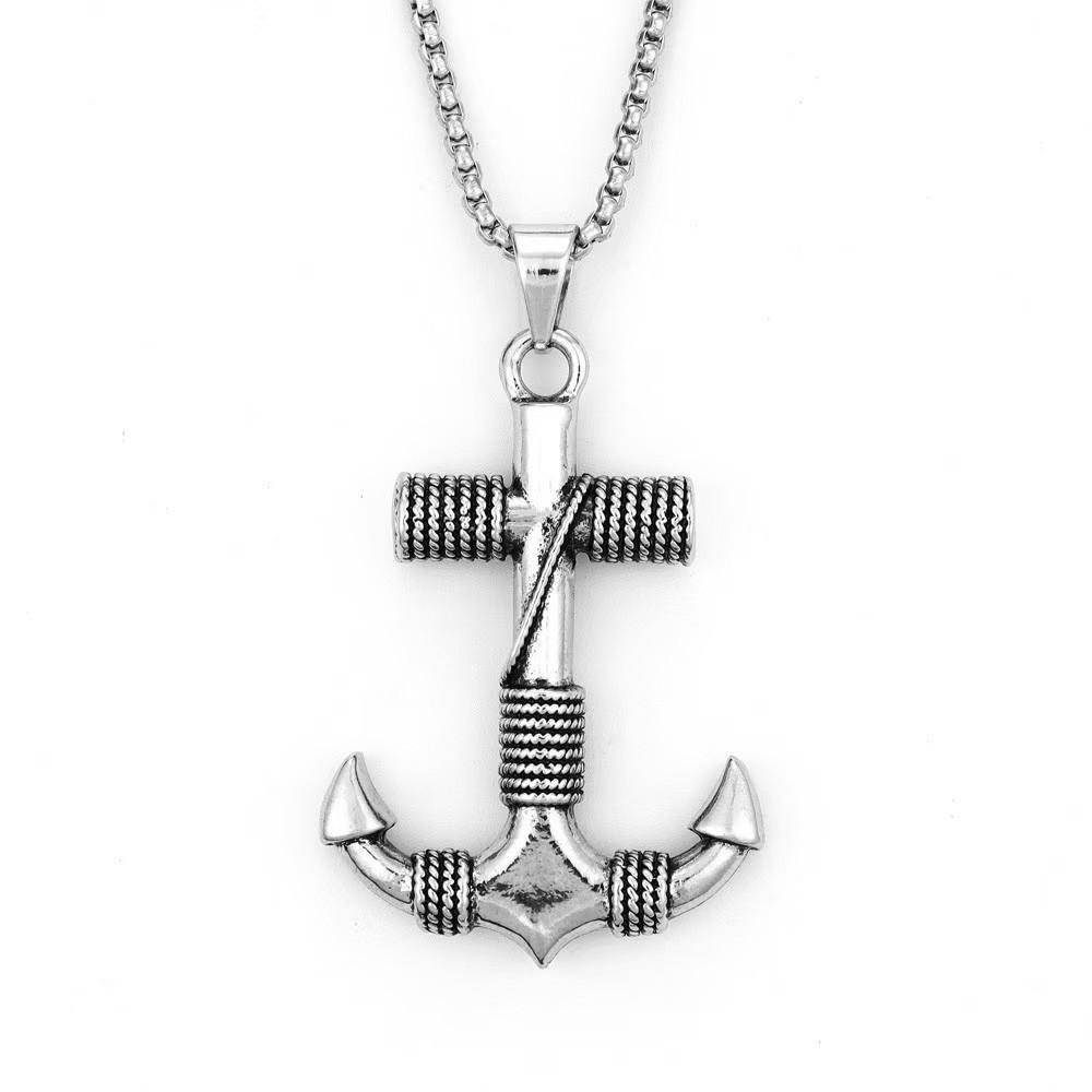 Viking Ray Hammer Pendant Necklace Vintage Personality Men'S Titanium Steel Chain Navy Anchor Sweater Chain