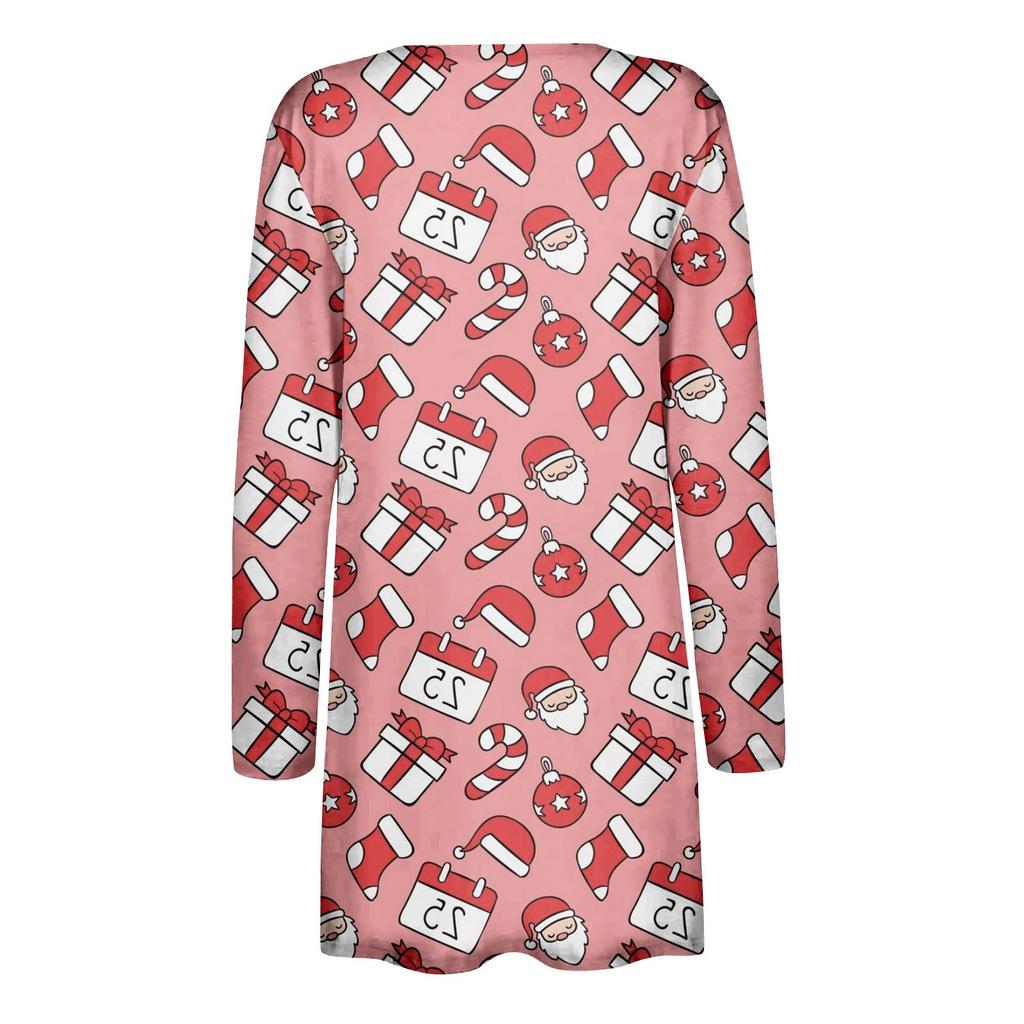 Damenmode, lässig, Chirstmas-Druck, mittellang, Strickjacke, Jackenmantel