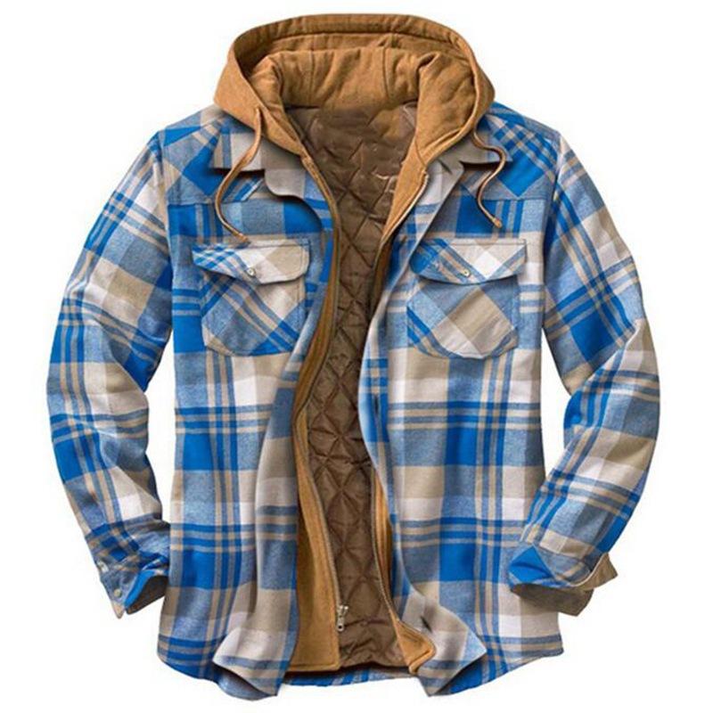 Giacca con cappuccio in flanella trapuntata casual da uomo, morbida e calda, a maniche lunghe, con cerniera, a quadri, per uomo, con cappuccio invernale, cappotto, capispalla