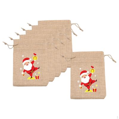 6 Pcs Christmas Pattern Burlap Drawstring Bags 4" X 5.5" Wedding Party Supplies Durable Reusable
