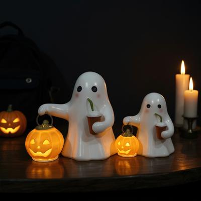 Halloween Pumpkin Ghost Coffee Night Light Cute 3D LED Spooky Ghost Statue Lamp Halloween Ghost Night Lamp for Home Decor