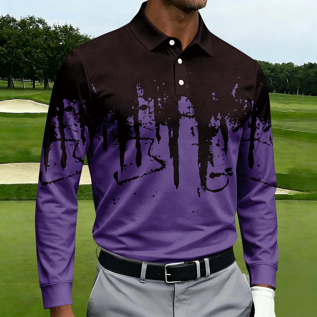 Men's Casual Printed Long Sleeve Button Down Shirt with Lapel Collar for Sports and Daily Wear