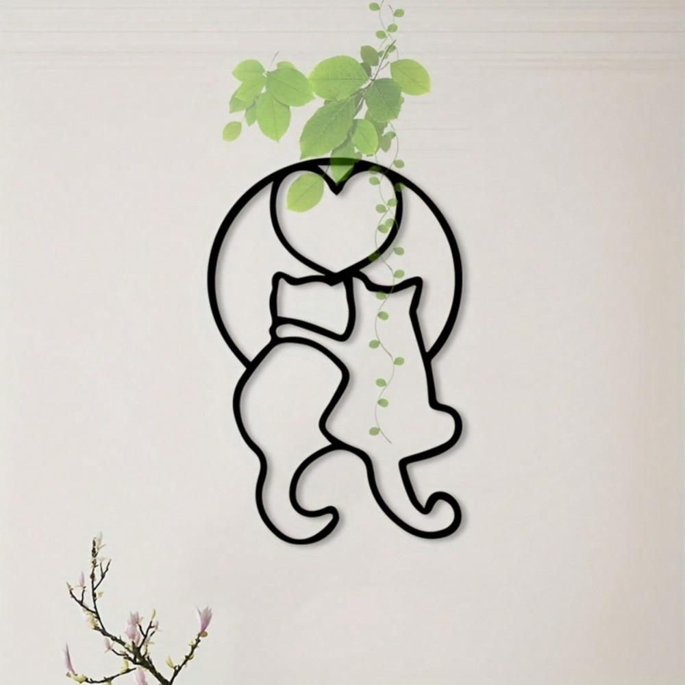 Minimalist Black Metal Double Cat Love Heart Wall Art Durable Iron Decor for Living Room Bedroom Office Vintage Home Gift