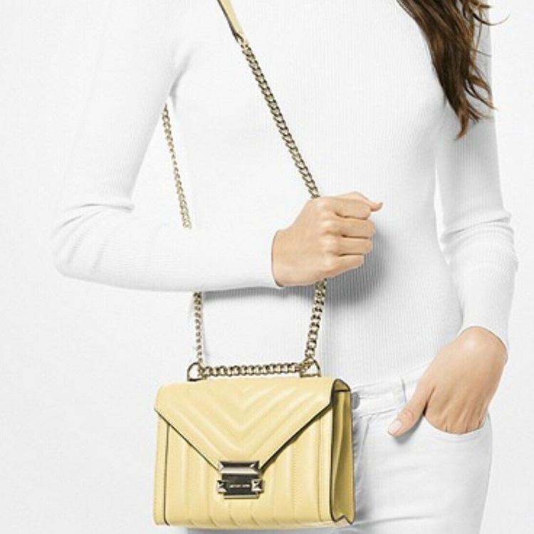 Michael Kors MK Whitney Quilted Flap Chain Minimalist Commuter Leather Shoulder Bag Women Bags Light-Yellow 30F8TXIL1T-BUTTERCUP