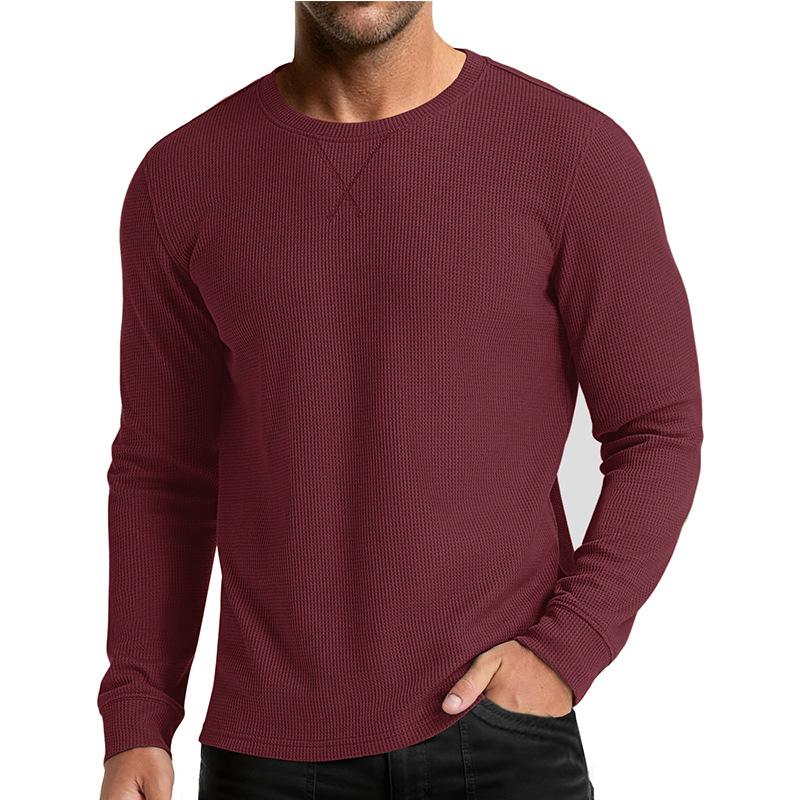 New Men's Long-sleeved Round Neck T-shirt Autumn and Winter Waffle Bottoming Shirt Top