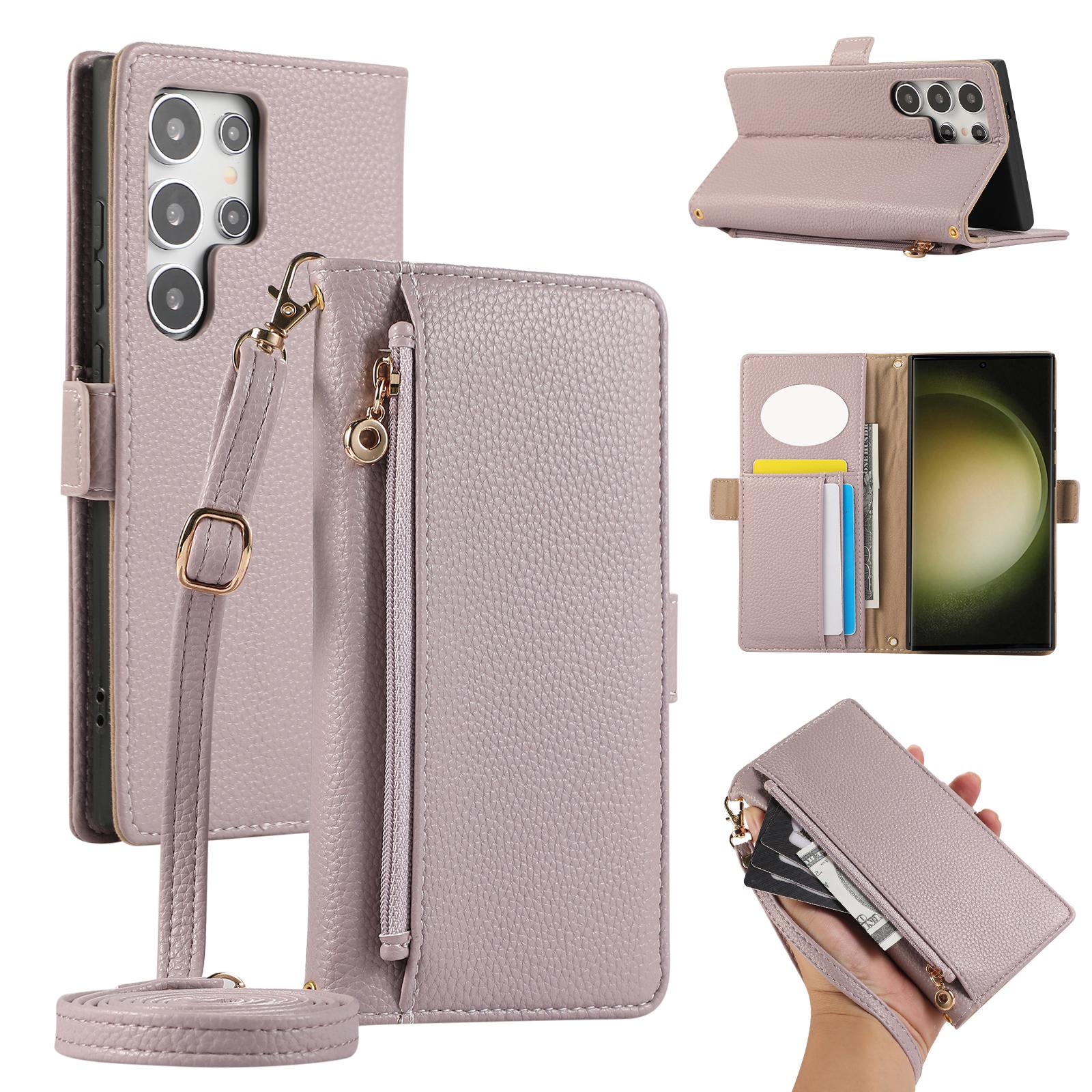 

For Samsung Galaxy S23 Ultra Wallet Phone Case Shockproof TPU+PU Leather Flip Cover with Mirror,Strap Purple