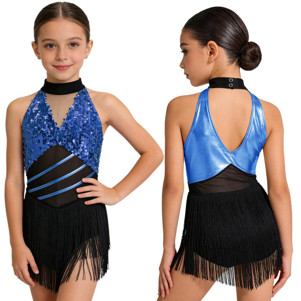 Mädchen Cha-cha Salsa Performance-Leotard: Ärmelloses Neckholder-Kleid mit Pailletten und Fransen, Netz-Taille, Schlüsselloch, Metallic-Rücken für Bühnenkostüm