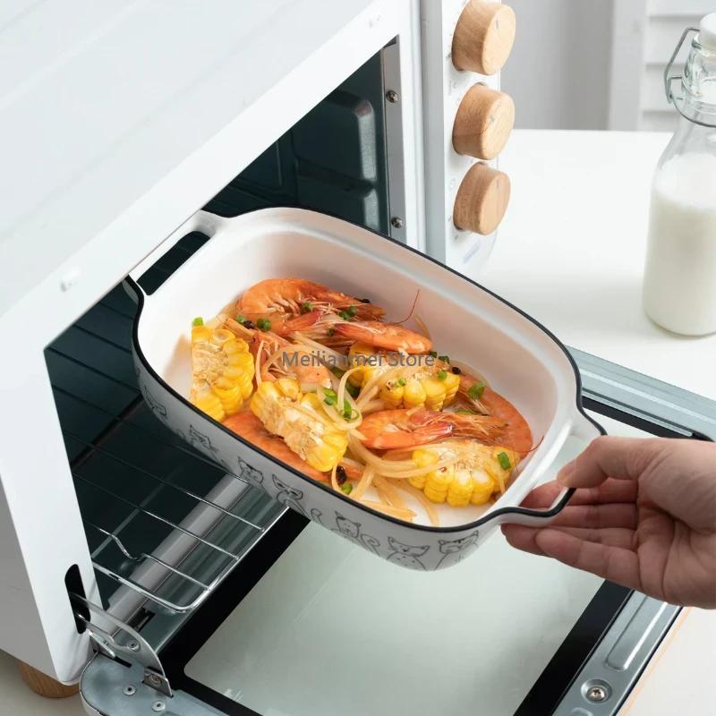 Baked Plate with Lid Cheese Baked Rice Bowl Ceramic Double Ear Baked Bowl, Microwave Oven, Oven Plate, Household Vegetable Plate