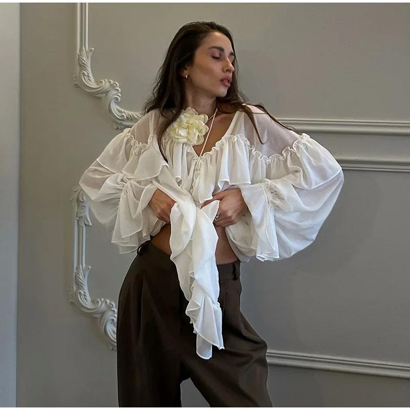 2026 New V-neck Chiffon Blouse Sexy Sheer Beach Cover-up Long Sleeve Sexy Hot Girl Top
