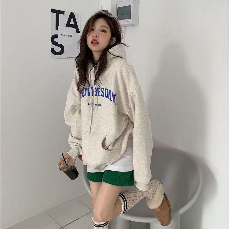 Women Long Sleeve Hooded V Neck Loose Pullovers Female Tops Solid Color Sweatshirts