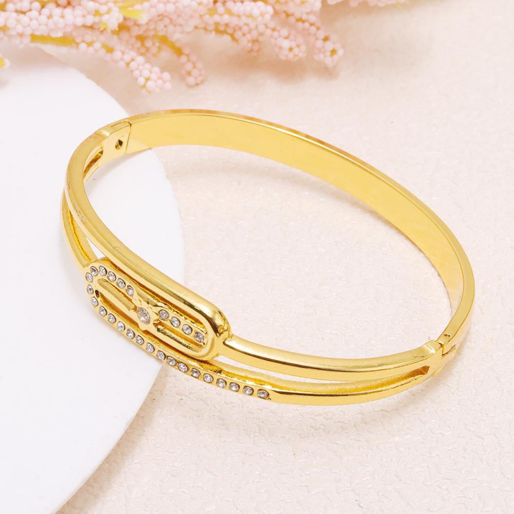 Luxury Gold Plated Zircon Bangle Elegant Openwork Design Stainless Steel High-Quality Women's Fashion Bracelet