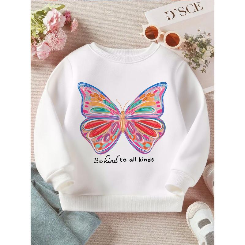 Kids Crewneck Sweatshirt, Vibrant Abstract Butterfly Graphic Print, Soft Cozy Long Sleeve Pullover 110 белый
