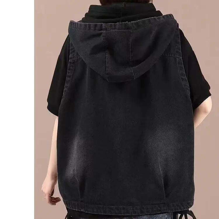 Women's Loose Hooded Literary Sleeveless Vest Spring Casual Washed Denim Jacket