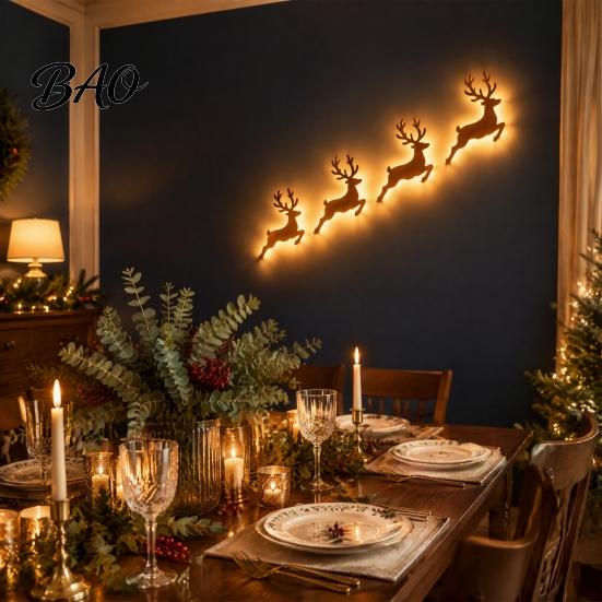 Damage Free Wall Decor Christmas Reindeer Light, Wooden LED Silhouette with Warm Backlight, Seasonal Entryway Accent Battery Operated Lighted Festive