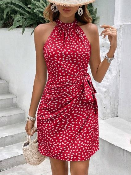 Abbigliamento donna europeo e americano moda estiva nuovo cerniera sul collo senza maniche floreale plissettato vestito corto