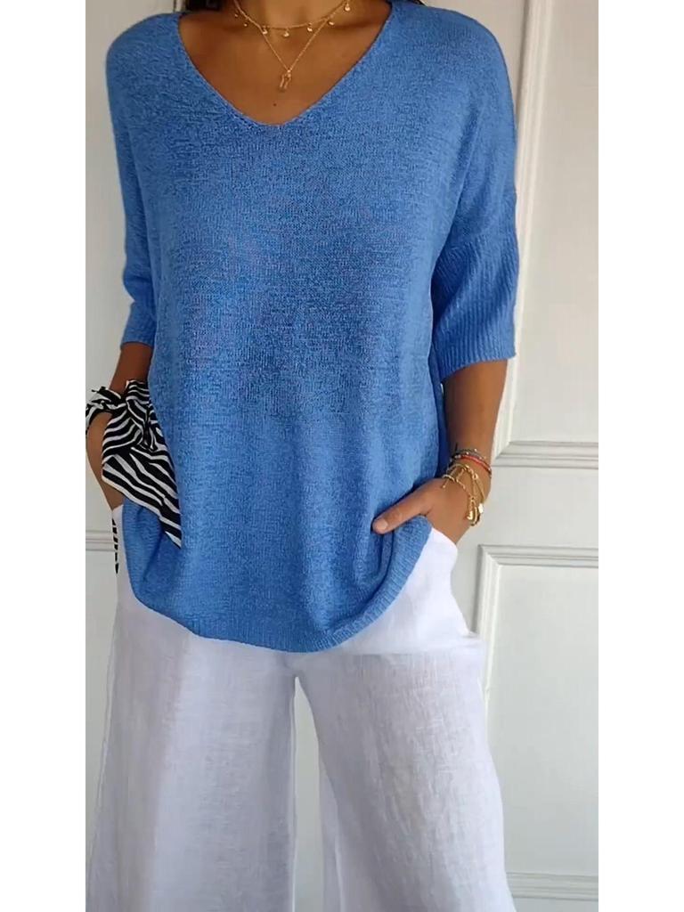 Women's Multicolor V-Neck Solid Color Knit Sweater - Slimming Casual Base Style