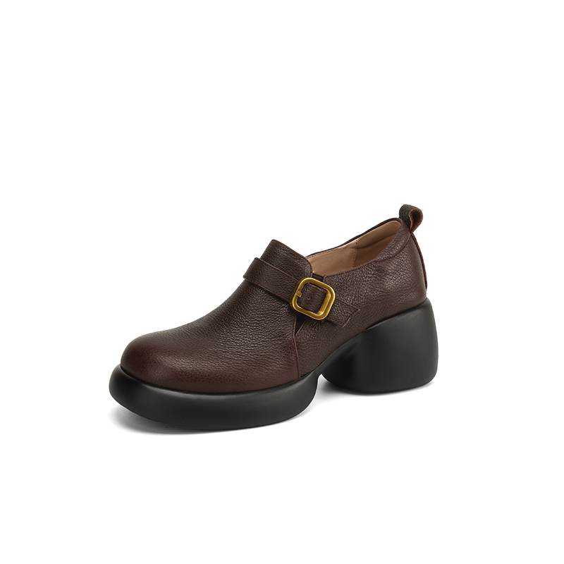 Krazing Pot cow skin Autumn Winter Shoes Metal Buckle Loafers chunky Heels Slip on Size 43 Round Toe Slip on Deep Mouth Pumps