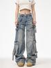 Unisex Multi-Pocket Wide Leg Ripped Denim Jeans - Trendy American High Street Style