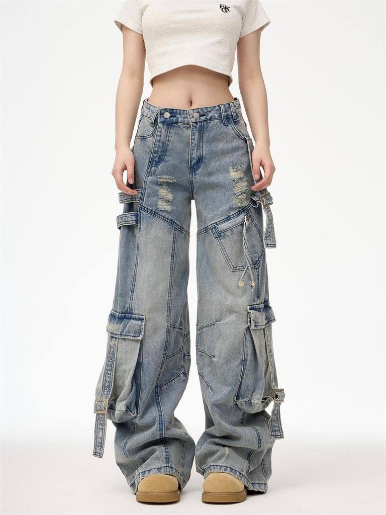 Unisex Multi-Pocket Wide Leg Ripped Denim Jeans - Trendy American High Street Style
