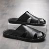 Men Slippers Handmade Simple Flats Brown Leather Sandals Outdoor Summer Roman Sandals Closed Toe Beach Shoes Plus Size