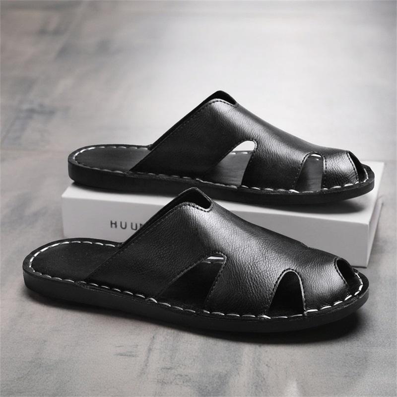 Men Slippers Handmade Simple Flats Brown Leather Sandals Outdoor Summer Roman Sandals Closed Toe Beach Shoes Plus Size