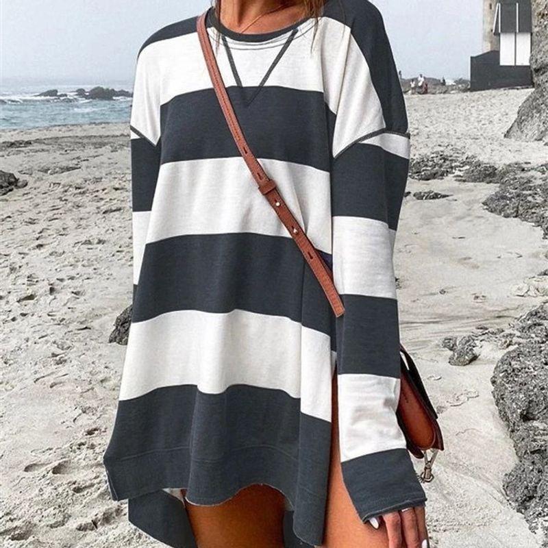 

Punk Vacation European and American Hot Positioning Print Women s Sweater Stripes Long Sleeves Side Slit Pullover Black and white stripes L