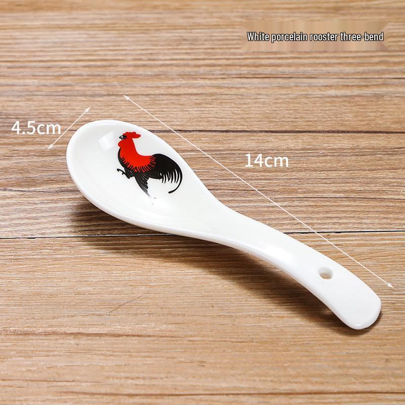 Small White Ceramic Soup Spoon - Rooster Design, Three-Bend, Thickened for Commercial Use