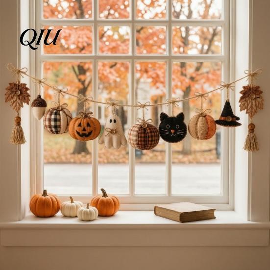 Decoraciones reutilizables para fiestas de Halloween, Guirnalda de Banderines Vintage de 61 Pulgadas, Calabaza de Tela Rellena Rústica, Fantasma, Borla Decorativa Negra Colgante para