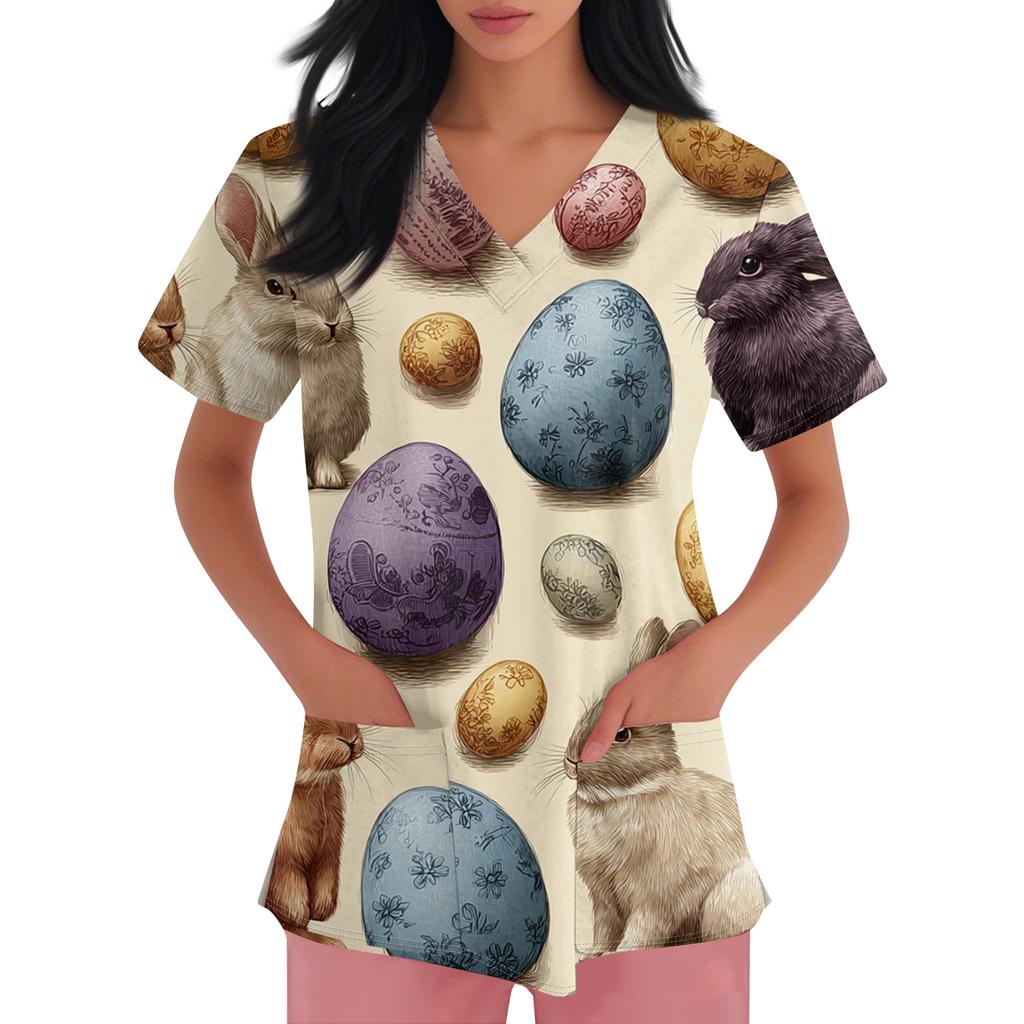 Damenmode V-Ausschnitt Kurzarm Arbeitskleidung Mit Taschen Osterdruck Oberteil Pflegekraft Uniform