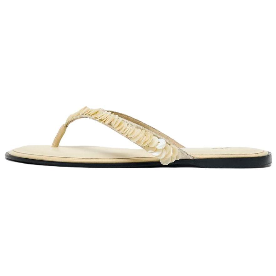 ZARA Sequined Flip Flops Beige Womens 1613610102 38