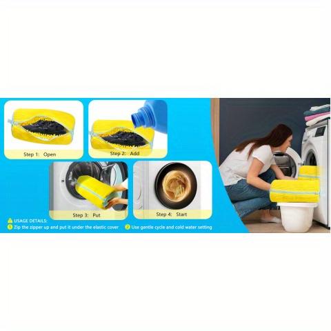 Yellow Chenille Shoe Washing Bag with Blue Zipper, Plush Protective Laundry Bag for Machine Washing Sports and Casual Shoes