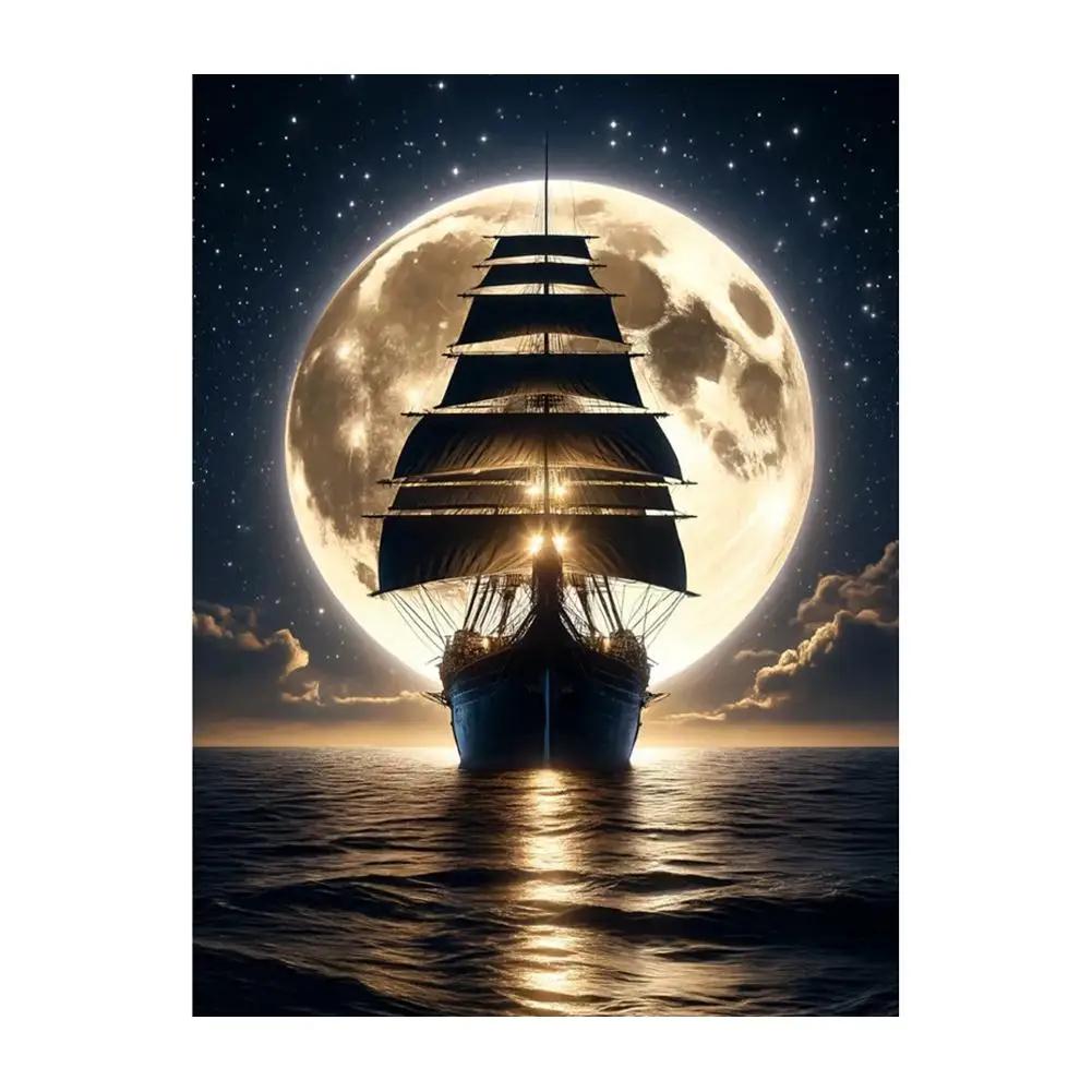 Adults Cross Stitch DIY Moon Sea Sailboat Prints Embroidery Craft Cross-Stitch Kit Art Needlework Decor Painting Gift Sewin S6A8
